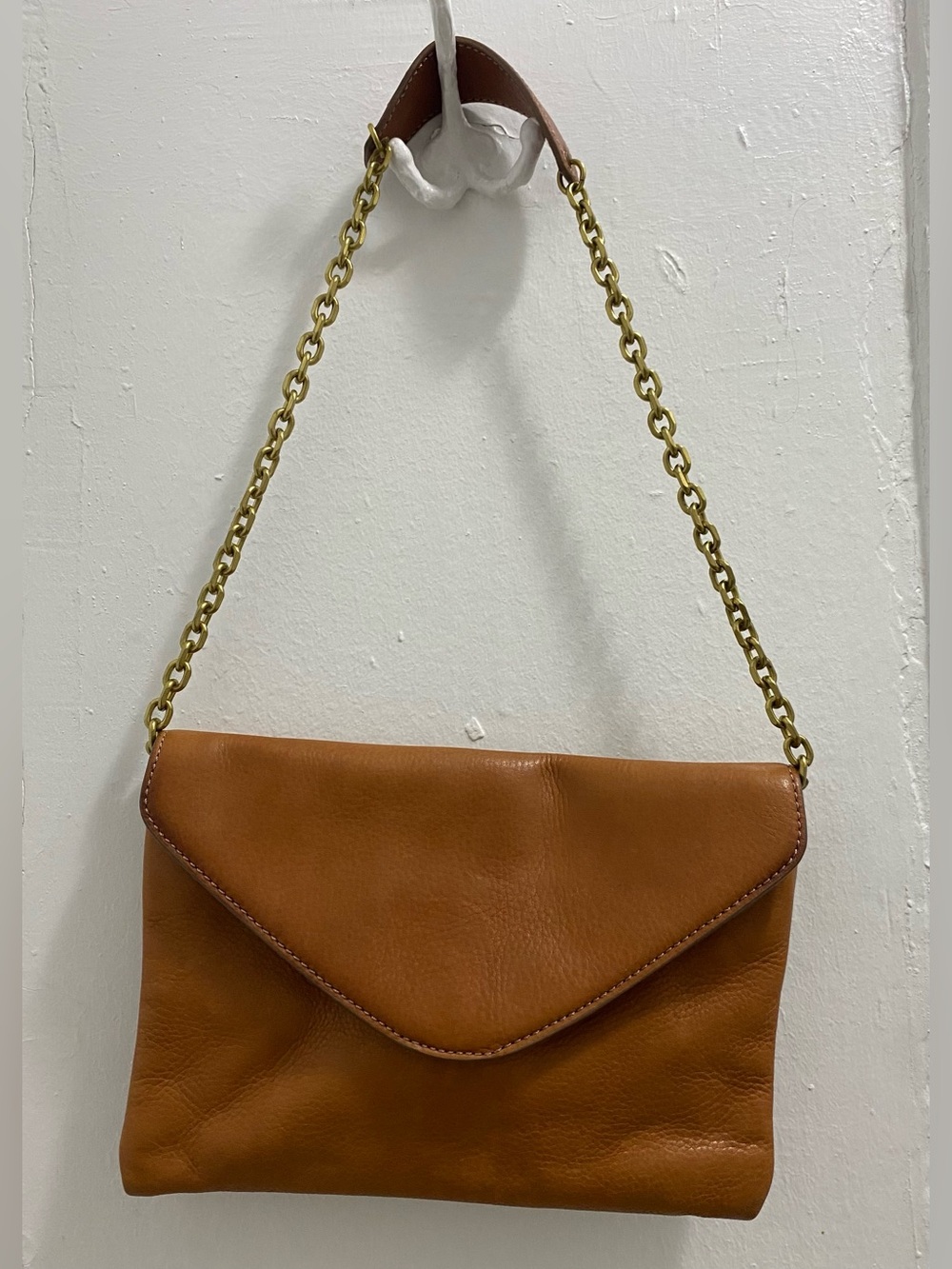 J. Crew Envelope Shoulder Bag in Tan with Gold Chain